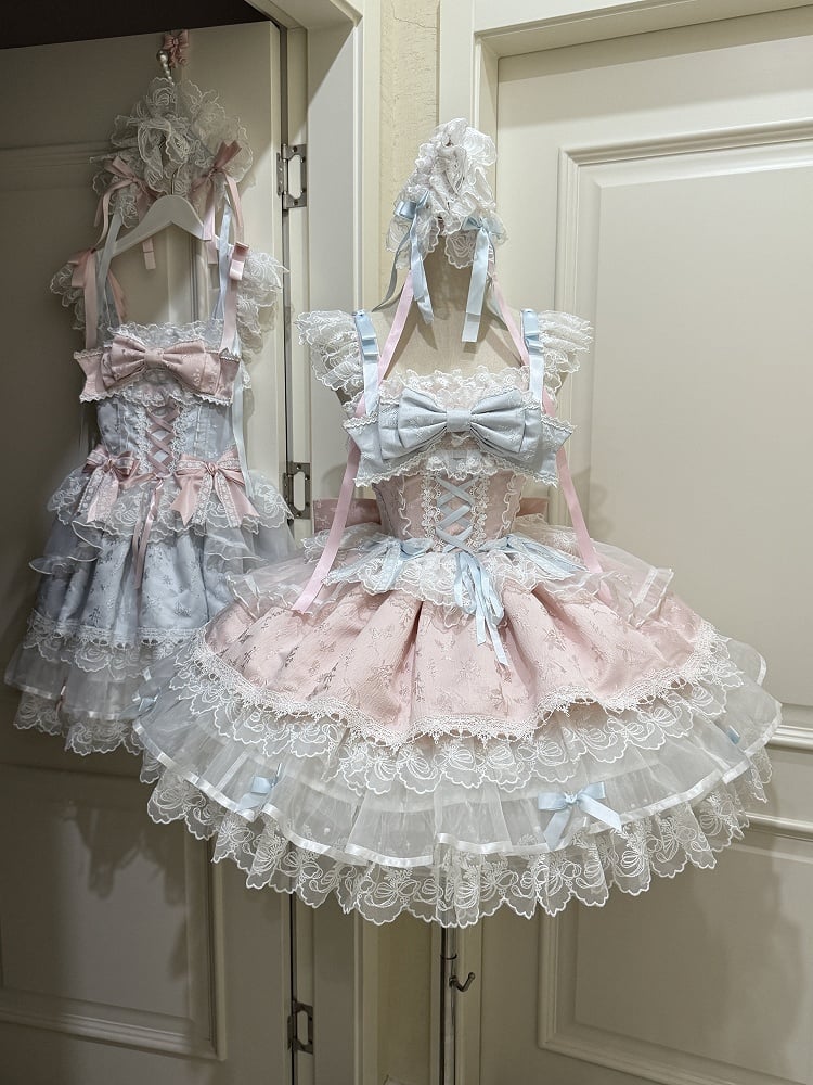 JSK Train / Details Lolita Embossed Dress Pink Only Bow Lace Jacquard Ruffled Princess + with Cute