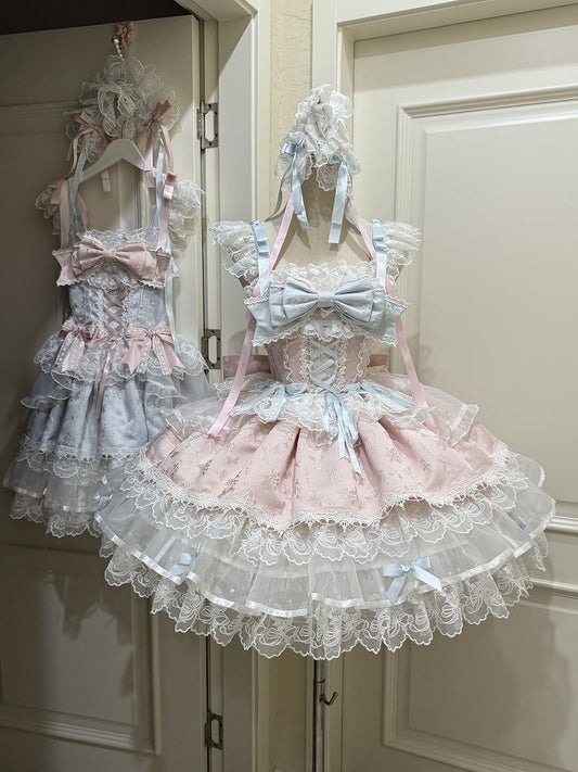 JSK Train / Details Lolita Embossed Dress Pink Only Bow Lace Jacquard Ruffled Princess + with Cute