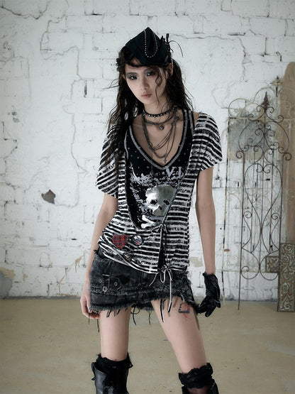 Black White Street Punk Two-Piece Set with Asymmetric Top and Skull Tank - NO ROMANCE