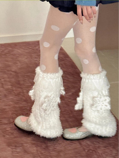 6 jambières blanches flocon de neige avec appliqués pelucheux