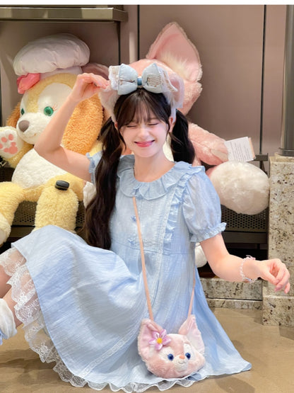 Kleid Hellblau Rüschenkragen Puffärmel Süß