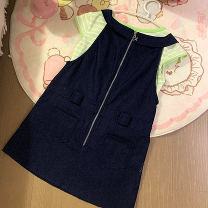 Closure Denim Back Daily Dress Shoulder with Zipper Straps Overall Snap-button Kawaii