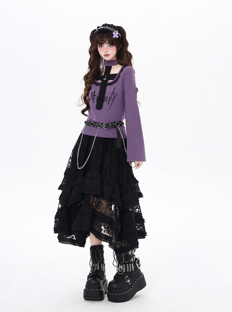 Gothic All-in-One-Design Choker Top und schwarz/lila Glockenärmel Kreuz