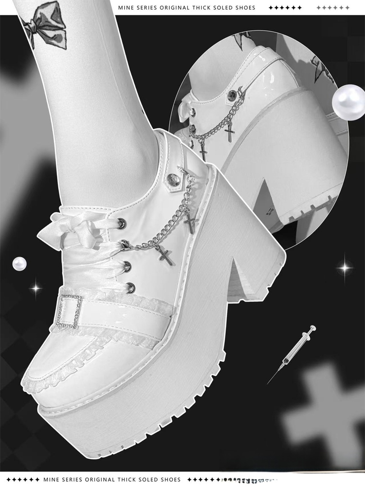 Jirai Kei Polished White Platform Shoes - PU Leather with Detachable Cross Chain, Rhinestone Buckle & Ribbon Lace-Up