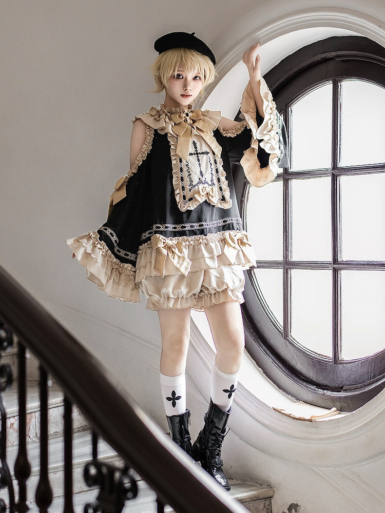 Black & Golden Cross Embroidery Cutout Shoulder Ruffled Ouji Lolita Top with Bloomers Set - Unknown Star