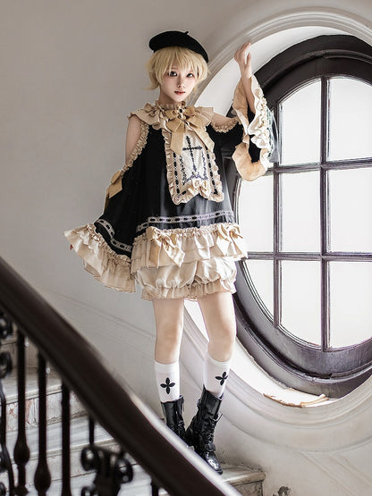 Black & Golden Cross Embroidery Cutout Shoulder Ruffled Ouji Lolita Top with Bloomers Set - Unknown Star