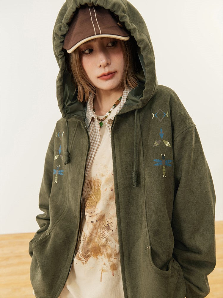 Ribbed Trim with Green Hood Vintage Print Hoodie Drawstring
