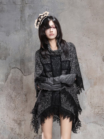 Cross Black Motif Raw Cape Punk and with Vintage Hem
