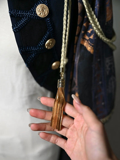 Dark Blue Detachable One-Shoulder Cape Coat