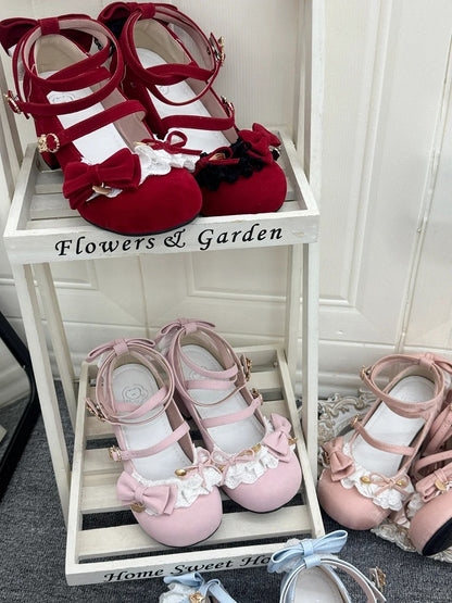 Pink Janes Bow Accents - Lolita Mary Mid-heel Sweet with Design Velvet