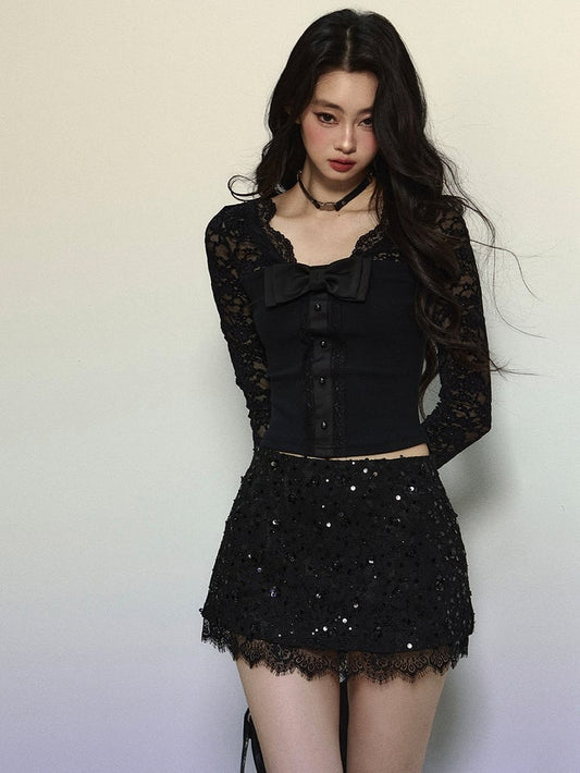 Black Bowknot Details Lace Sleeves V-neck Knit Top