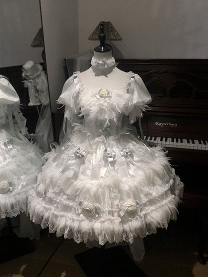 Rose Bow Lolita White Feather-Adorned and with Hime Accents Dress