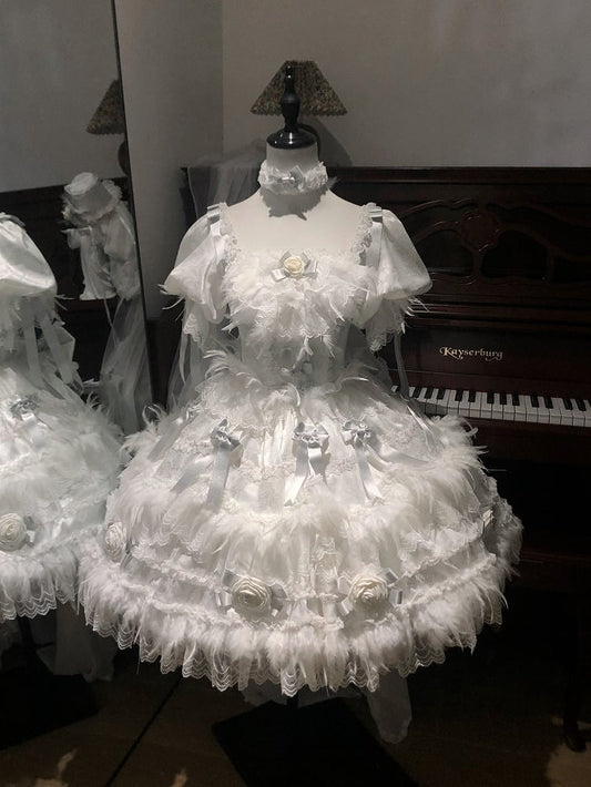 Rose Bow Lolita White Feather-Adorned and with Hime Accents Dress