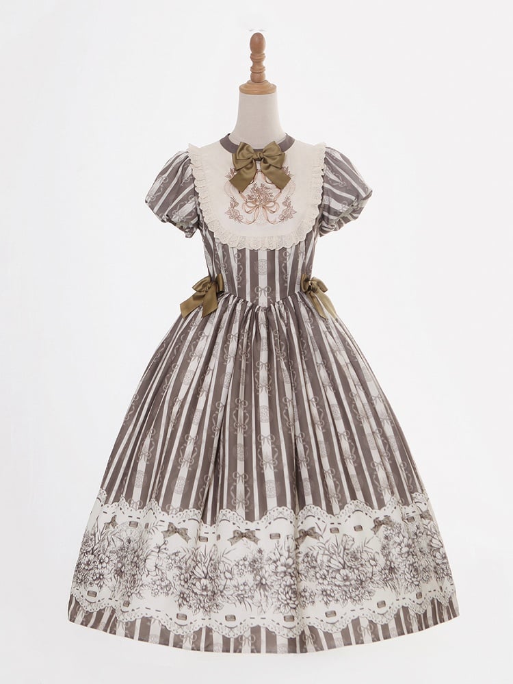 Bodice Pattern and Bowknot Lolita Piece Classic Embroidery Version Brown Long One Striped Floral
