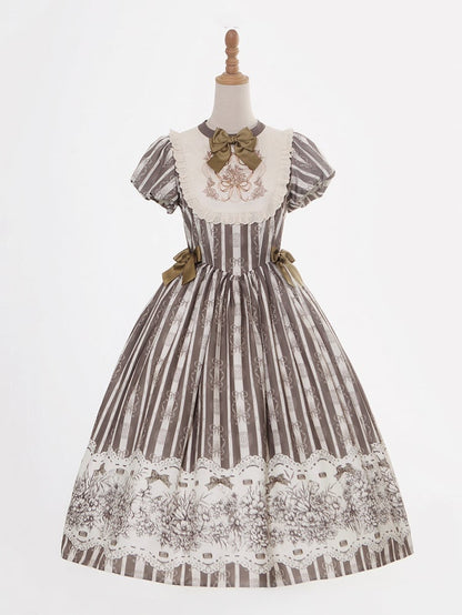 Bodice Pattern and Bowknot Lolita Piece Classic Embroidery Version Brown Long One Striped Floral