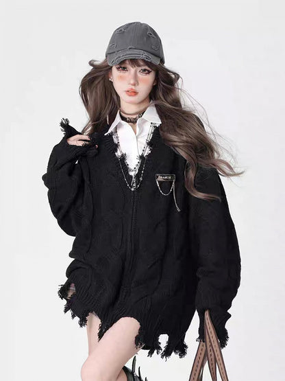 Cardigan Edgy Black Academiacore Zip-Up Knit