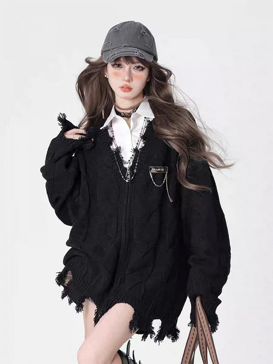 Cardigan Edgy Black Academiacore Zip-Up Knit