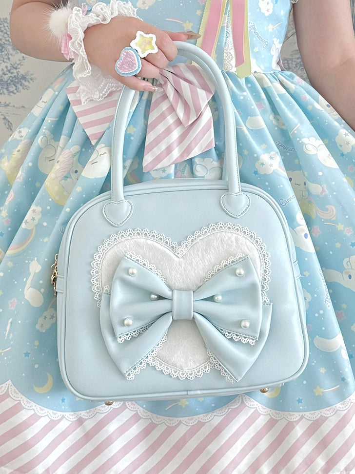Herz Lolita Süße Hand Plüsch Verziert Bowknot Blau Perlen Tasche