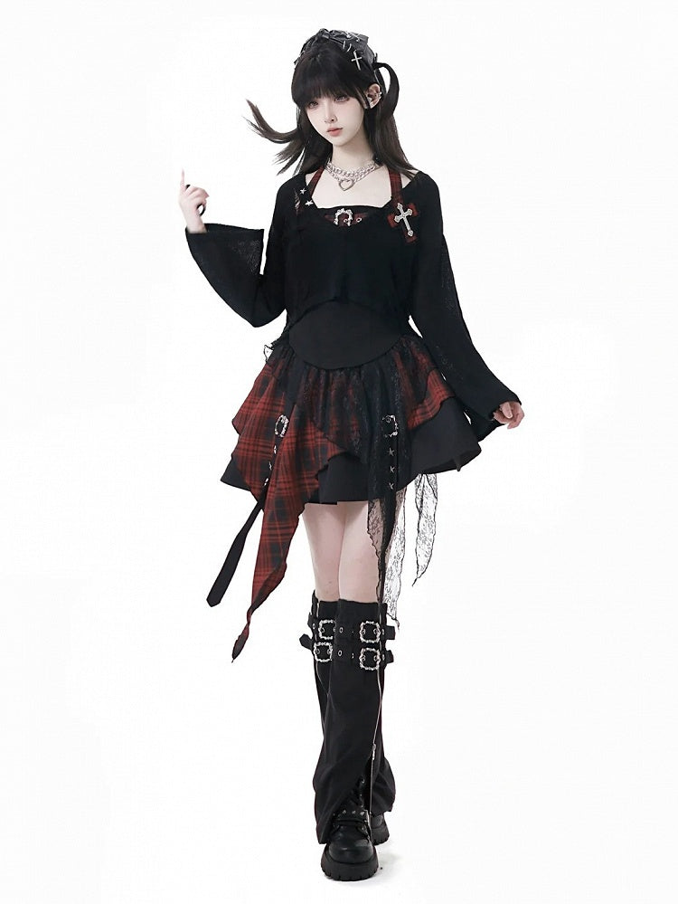 Red / Lace Buckle Straps Handkerchief Plaid Studs Star Core with Idol Hem Y2K - Black Skirt