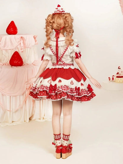 Lolita and Strawberry Red Overall Sweetheart Applique Dress Sweet Print Bows with