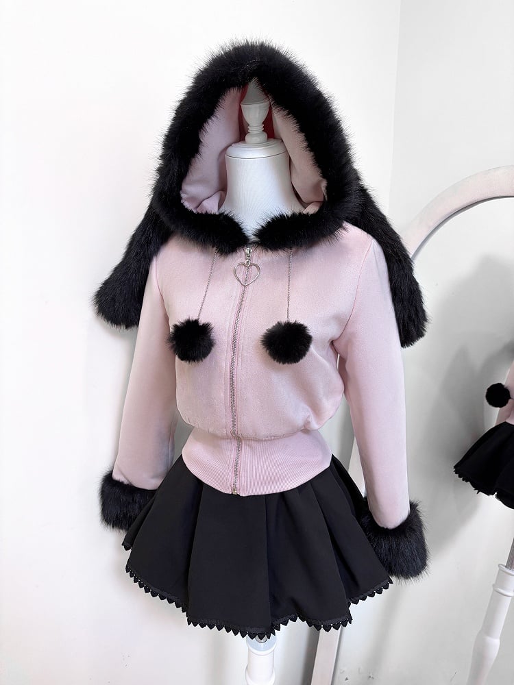 with Jirai Jacket Collar Bunny Padded Short Warm Black Fur Cuffs Ear and Pink Kei Hooded