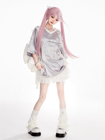 Patches Kontrast Spitze T-Shirt Applikation V-Ausschnitt Satin Schwarz/Silber Nummer