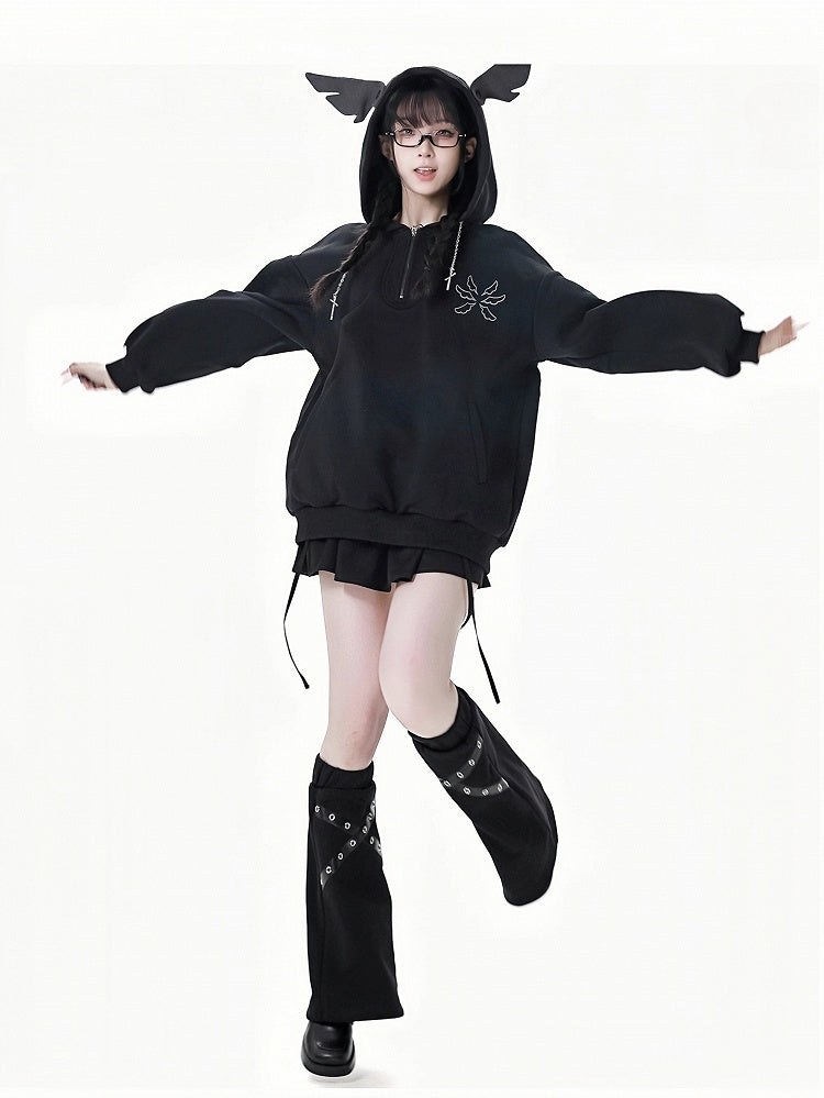 ブラック/グレー クロス PU ストラップ レッグウォーマー