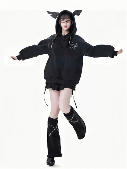 ブラック/グレー クロス PU ストラップ レッグウォーマー