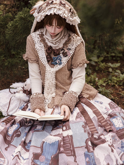 Top Lace-Knit Light Sleeves Lolita Brown Short