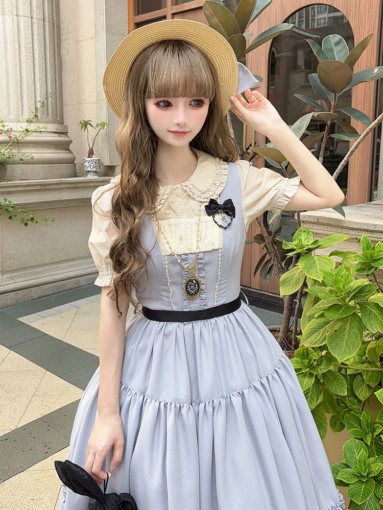 Light Gray Elegant Classic Lolita JSK Dress with Ruffled Front Placket and Lace Trim