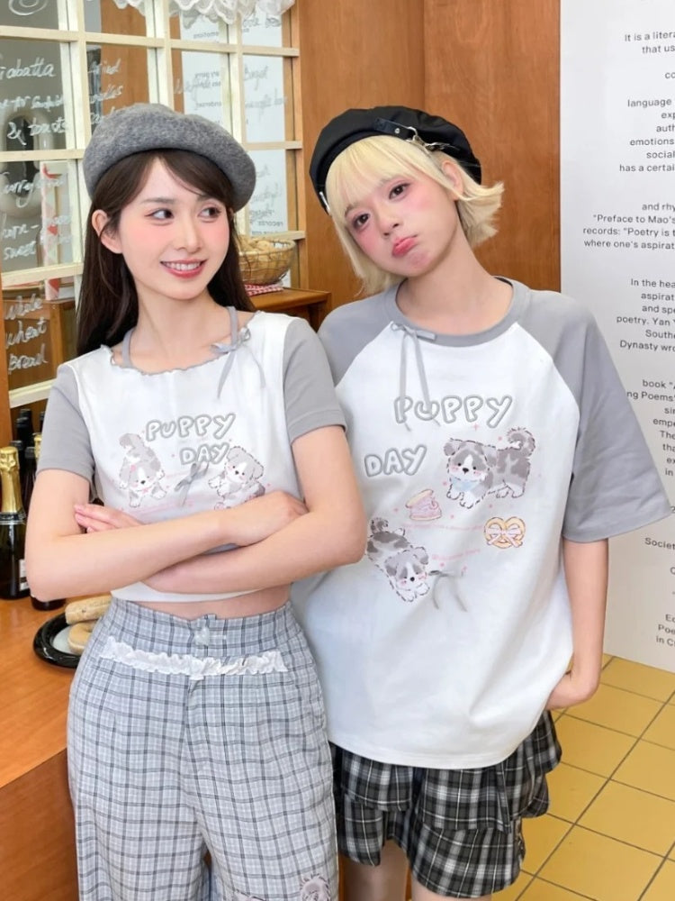 Gray Adorable Puppy Print Bowknot Long/Short Detail Version T-Shirt