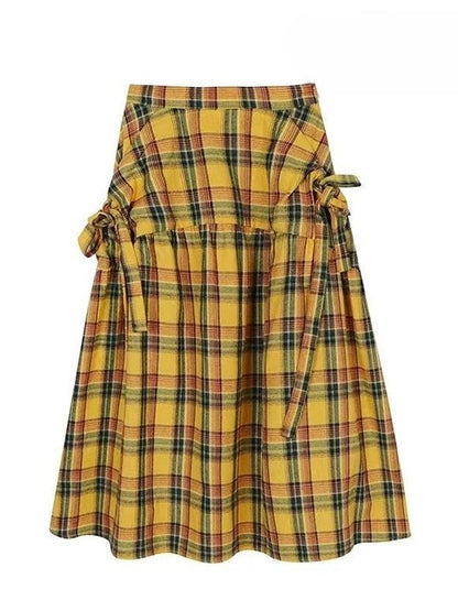 Y2K Details Plaid Bowknot Skirt Pattern Yellow
