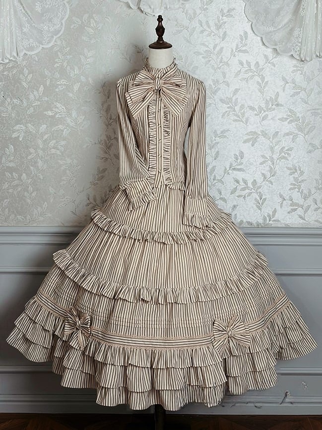 Brown Lolita Bow Layered Elegant Classic Ruffle with Embellishments Skirt Striped
