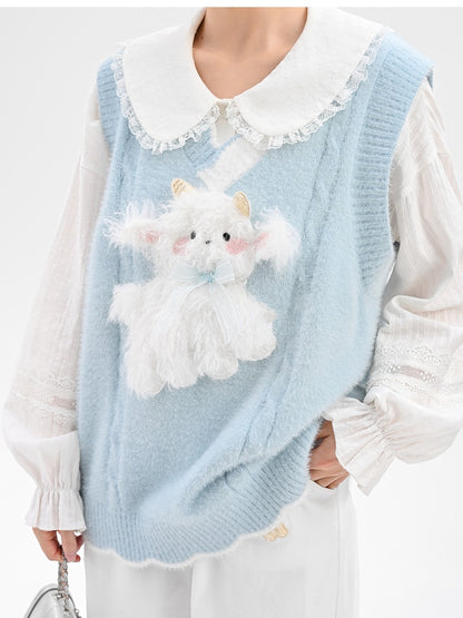Yume Kawaii Blue Knitted Vest with Plush Lamb at Front