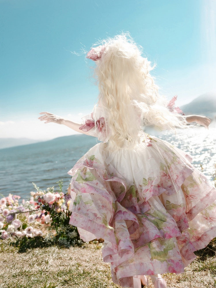 Pink Rhododendron Print Lolita Three Layers High-low Skirt - Deer-seeking Letter Lolita