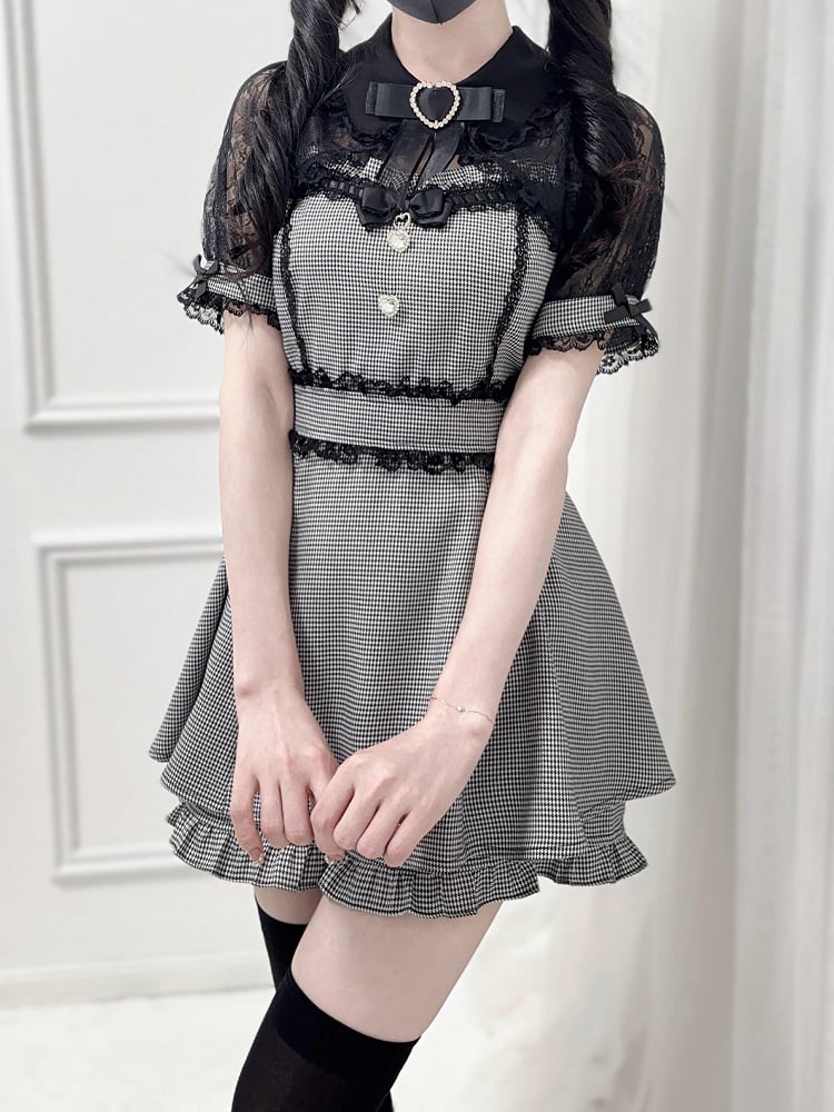 Sweetheart Bowtie Strass Kei Schal Hahnentritt -Shirt Schwarz Jirai Set Top Shorts Spitze Kragen Dekoration +
