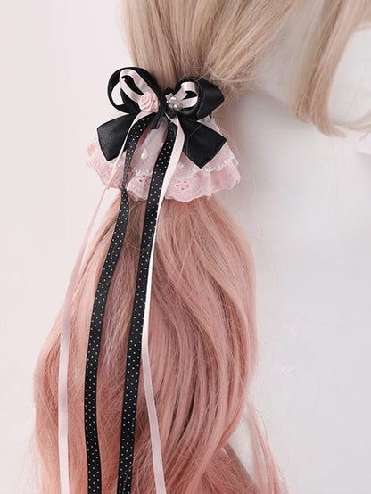 Pink Design Hairclip Black Bowknot Lolita Lace Details Rose