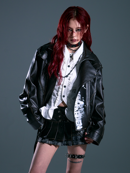 - Jacket Design Punk Distressed Print Letter PU