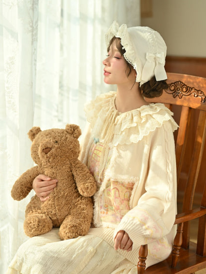 Yellow Oil Painting Teddy Bear Applique  Sweater