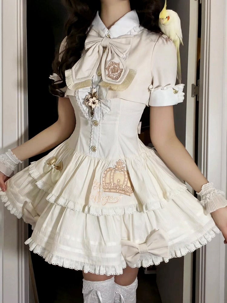 Beige Preppy Striped Two-Piece Gown with Crown Embroidery - Fairy Faith