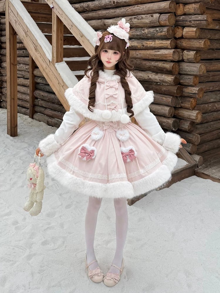 Fake OP Cuffs Winter Long Pink with and Hemline Lolita Sleeves Dress Sweet Two-pieces Plush