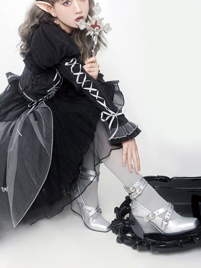 with Wedge Coffin-shaped Silver Design White Toe Gothic Crisscross Buckles Mary Square Janes