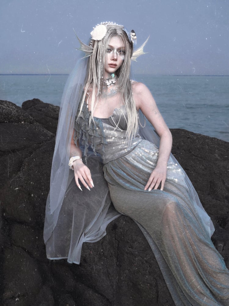 Shimmer Siren Asymmetrischer Ausschnitt Goth Cascading Rüschen Kleid Fee