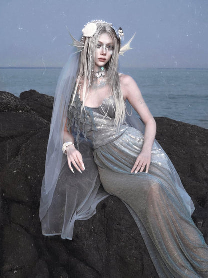 Shimmer Siren Asymmetrischer Ausschnitt Goth Cascading Rüschen Kleid Fee