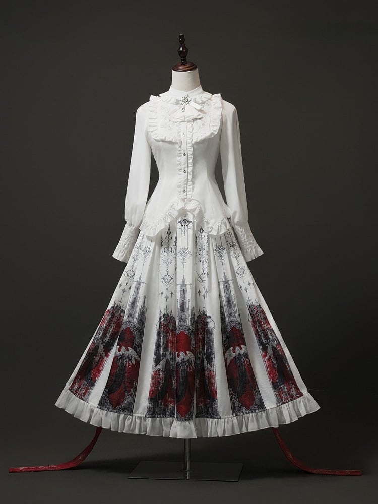 Details and Tie Bow Detachable with Ruffled White Gothic Blouse Embroidered