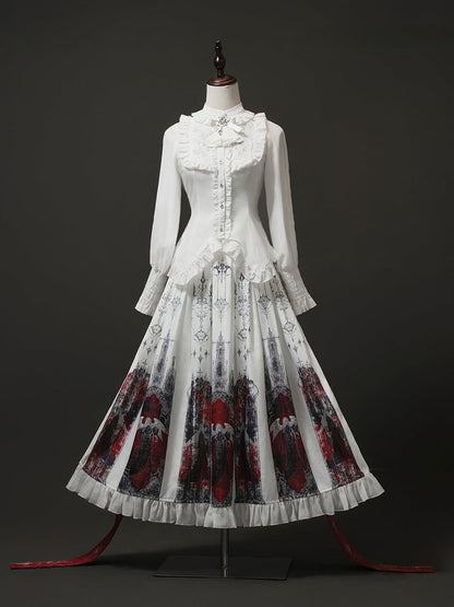 Details and Tie Bow Detachable with Ruffled White Gothic Blouse Embroidered