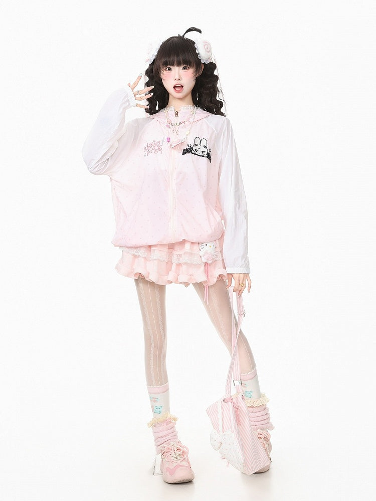 Cute Pink Bunny-Ear Hooded Sun Coat with Polka Dots
