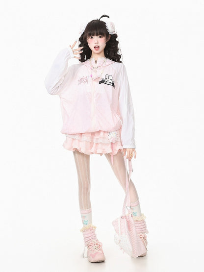 Cute Pink Bunny-Ear Hooded Sun Coat with Polka Dots