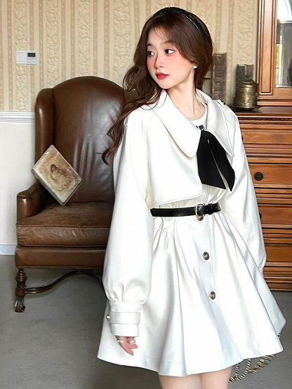 Apricot V-Neck Bow Design Coat with Belt Set - Qchiwawameme