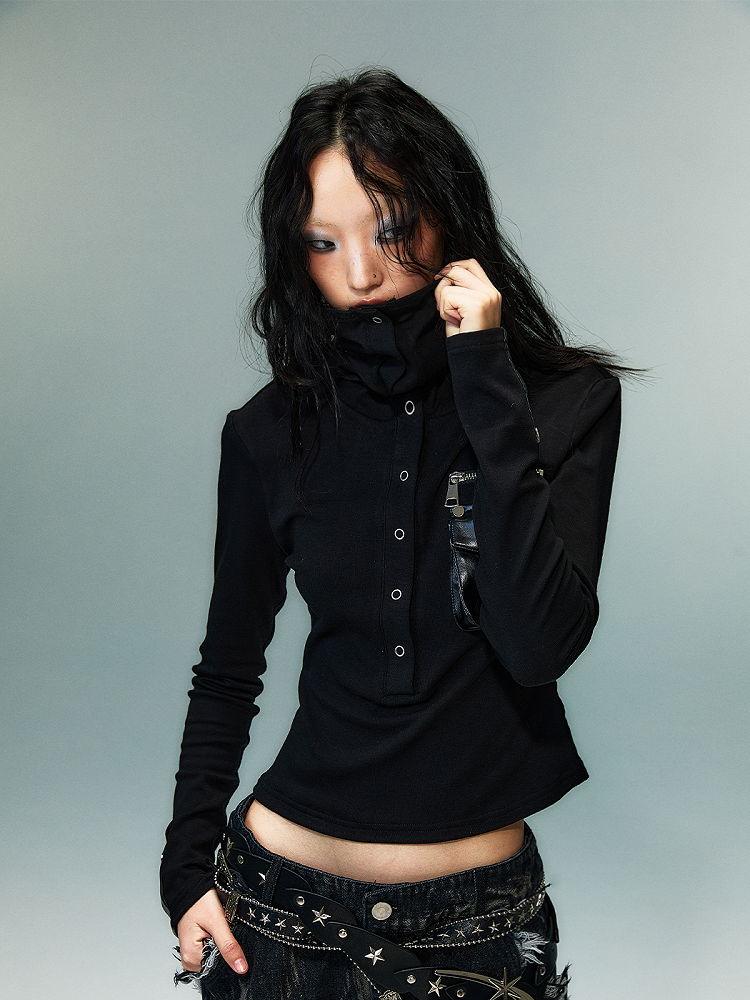 Black Dark Punk High-Neck Knit Top with PU Pocket